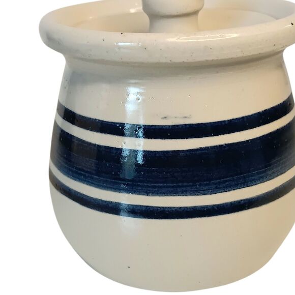 VTG  Casey Pottery Marshall TX Cream With Blue Stripe Crock Sugar Bowl W/ Lid 4” - Picture 4 of 9